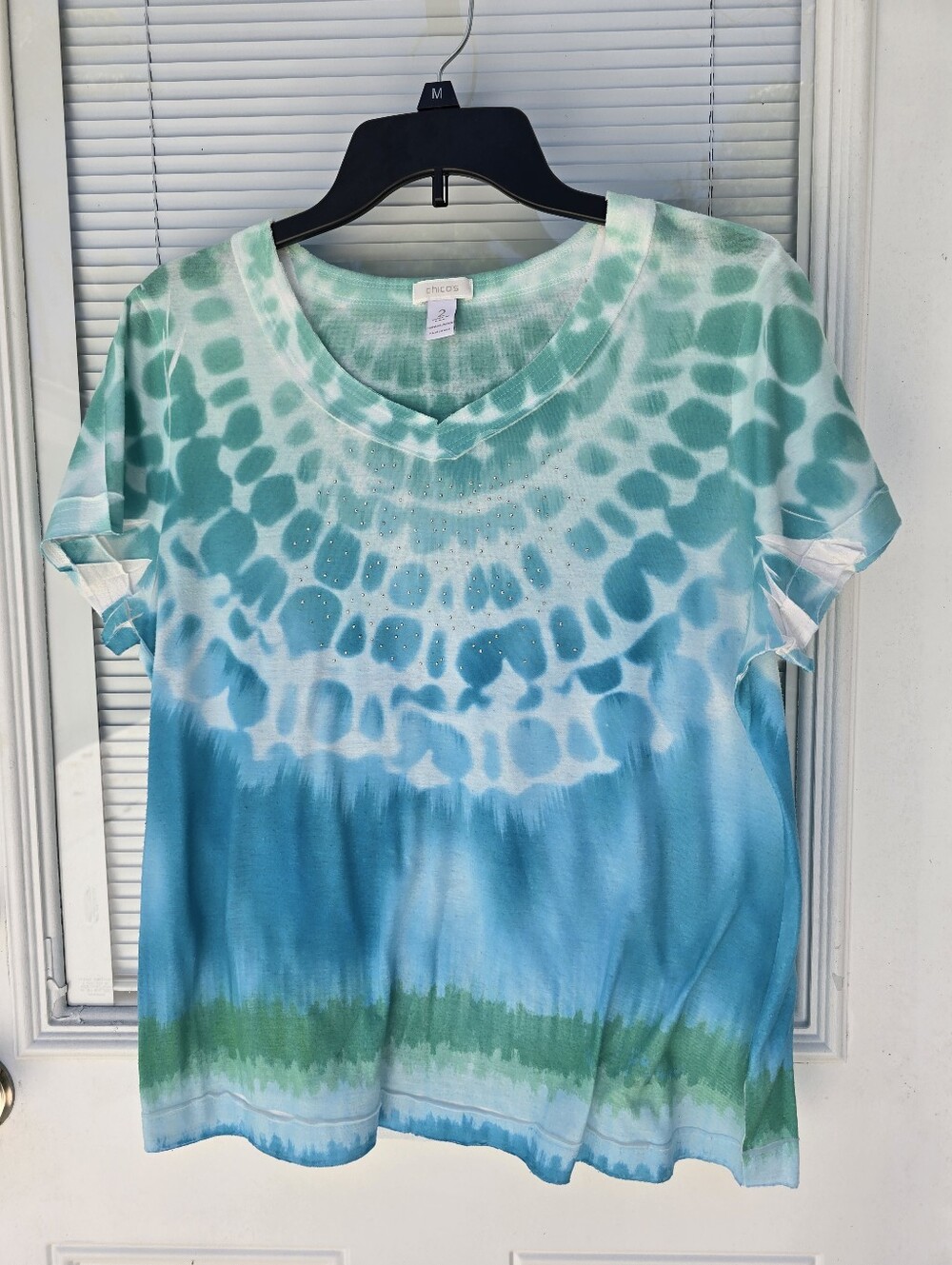 Chicos Tie-Dye V-Neck Tee in Aqua, Teal & Green